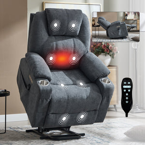 English Elm Up to 350 Lbs Chenille Power Lift Recliner with Massage Heating and Usb Charging Ports Grey W3224S00025