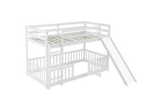 English Elm Twin Over Twin Floor Bunk Bed With Slide & Ladder - Solid Pine Wood, White Finish, Safe & Fun Design! W504S00190-GIGA