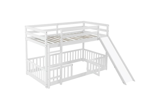 English Elm Twin Over Twin Floor Bunk Bed With Slide & Ladder - Solid Pine Wood, White Finish, Safe & Fun Design! W504S00190-GIGA