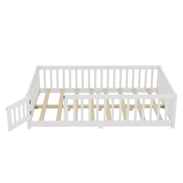 English Elm Full Floor Bed with Safety Guardrails and Play Door for Kids, Low Profile Pine Frame, 550lb Capacity White W1580P338950