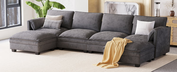 English Elm 141.5'' Modern U-Shaped 6-Seater Sofa Couch With Movable Ottoman & Armrest Pockets For Versatile Living W680S00043