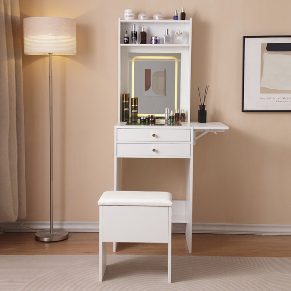 English Elm Vanity Desk With Adjustable Led Mirror, Ample Storage, Glass Top & Elegant Design For Bedrooms W3008P235418-GIGA