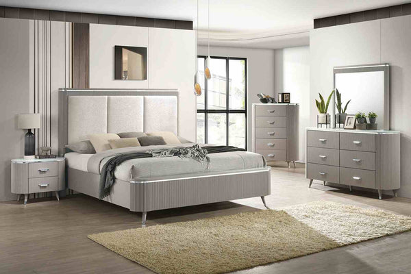 English Elm Contemporary Stone Top Nightstand Reeded Drawers Chrome Pulls Gray Bedroom Storage B2741P435312
