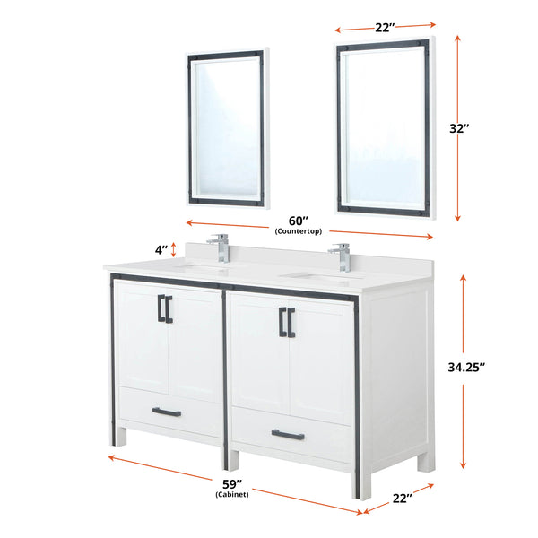 English Elm White Double Bath Vanity 60 in W x 22 in D with White Quartz Countertop, Chrome Faucet & Mirrors B2731S01126