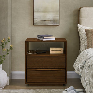 English Elm Mid Century Modern nightstand with USB charging, louver drawers, open shelf and hidden cord storage Walnut Brown W1801P303385
