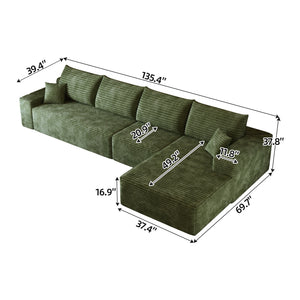 English Elm 135" Cloud Sectional Couch – L-Shape Modular Sofa With Deep Seating, Plush Corduroy In Elegant Green W2824S00126