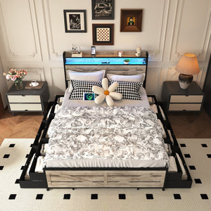 English Elm Queen-size Storage Platform Bed with Led Headboard 12 Drawers and Charging Station Gray W5026P404143
