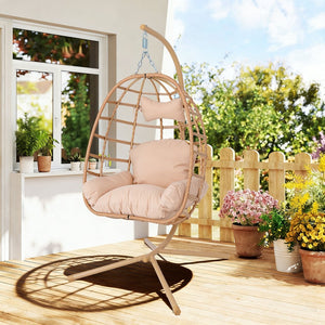 English Elm Egg Hanging Chair with Stand Pe Rattan Swing Seat Washable Cushion 350lb Capacity T5880P497433