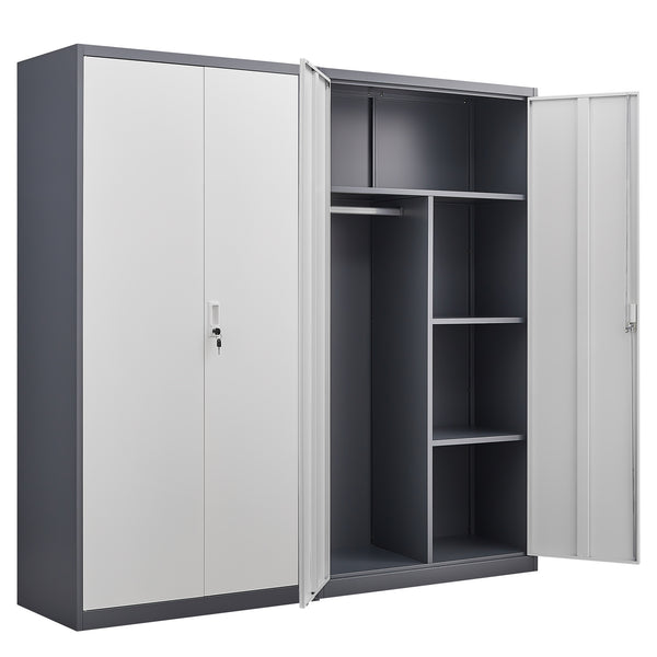 English Elm Black Steel Lockable Wardrobe with Hanging Rod Adjustable Shelves for Organized Storage Grey W1247P372609