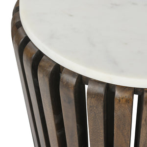 English Elm Modern Solid Wood Round End Table with White Marble Top, Acacia Slatted Base, Durable Elegant Decor B2741P286096