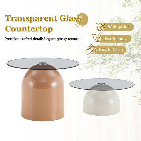English Elm Nesting Coffee Tables Set of 2 Round Glass Top Steel Frame Living Room Accent W2920P438673