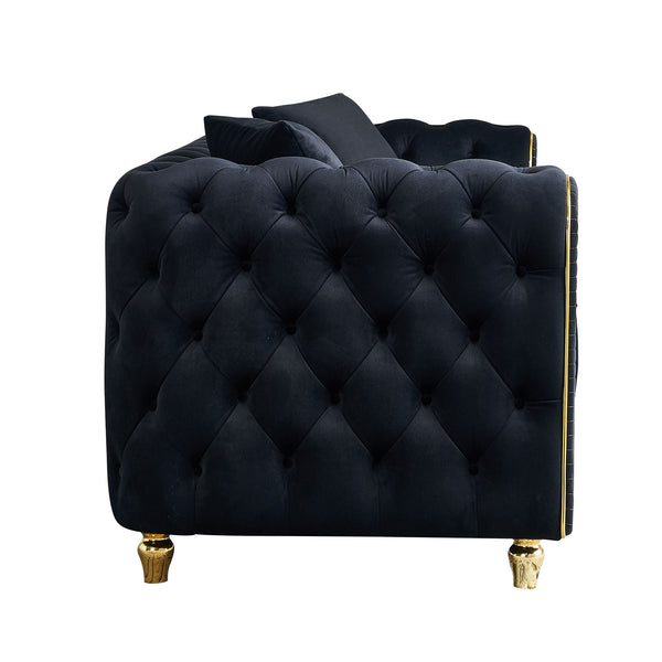 English Elm 86'' Luxury Modern Tufted Sofa with Gold Trim, Velvet Upholstery, Pocket Spring Comfort & 750lb Support Black W579P303656
