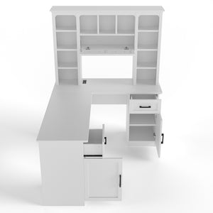 English Elm L-shaped Home Office Desk with Open Shelves Flip Shelf Cabinets and Drawer Storage White W1580S00492