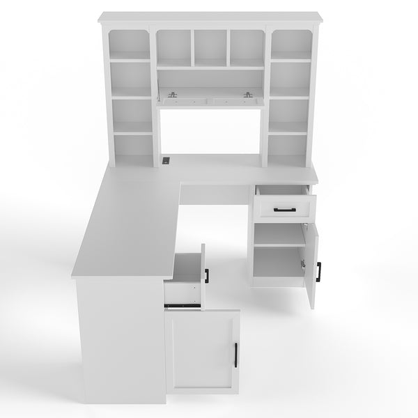 English Elm L-shaped Home Office Desk with Open Shelves Flip Shelf Cabinets and Drawer Storage White W1580S00492