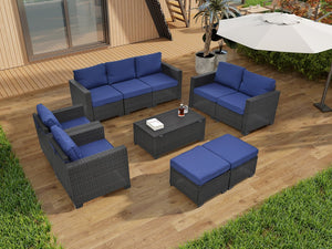 English Elm 10 PE Rattan Patio Furniture Set - 10-Piece Sectional Sofa with Dark Blue Cushions & Glass Storage Table Brown Multi W1703S00046