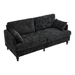 English Elm Modern chenille 2-seater sofa with LED lighting, USB charging, storage pocket, sturdy wood legs Black W395P318548