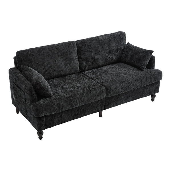 English Elm Modern chenille 2-seater sofa with LED lighting, USB charging, storage pocket, sturdy wood legs Black W395P318548