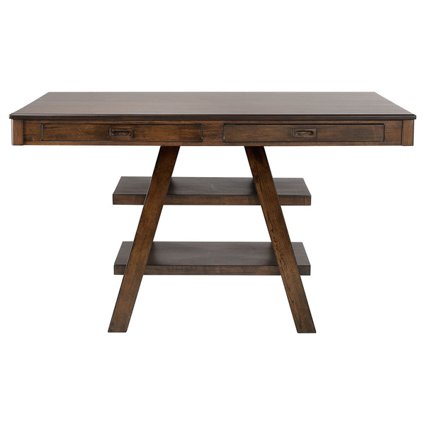 English Elm Ferrara Walnut Counter Height Table with 2 Drawers, Angled Legs, Shelves for Storage & Display (59.5"L) B062S01014