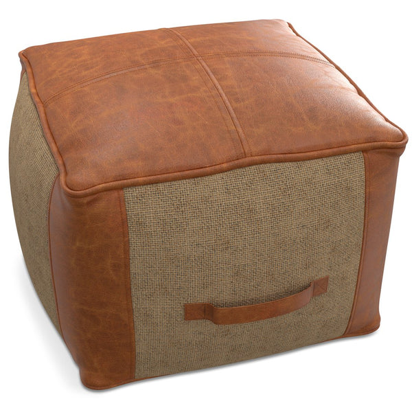 English Elm Atkinson Round Pouf Ottoman in Tan Leather & Jute — Top-Grain Buffalo Leather, Supportive Bead Fill, 18" B136P159346
