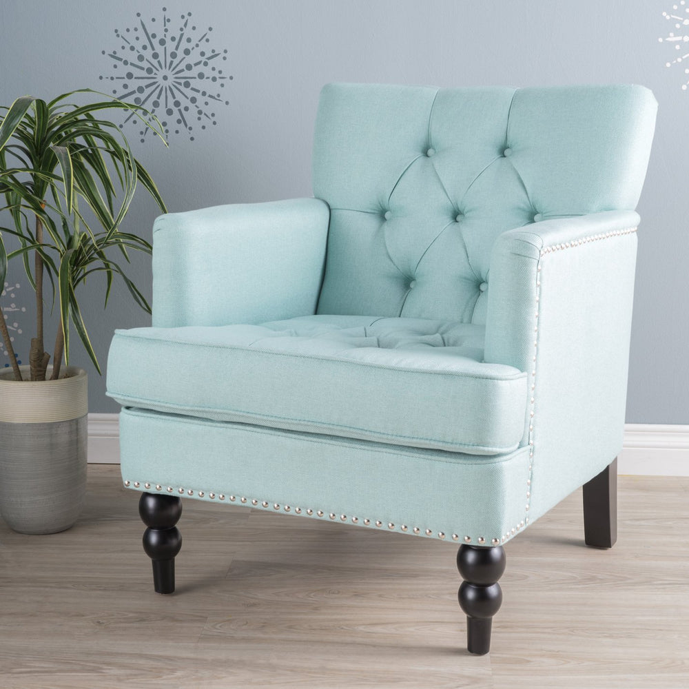 English Elm Christopher Knight Home® - HARRISON Tufted Club Chair with Diamond-Stitched Back, Nailhead Trim and Turned Birch Legs for Comfort and Style Light Blue 53444.00FLBL