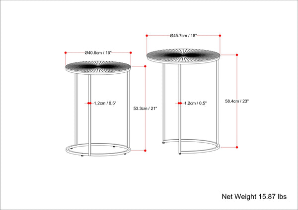 English Elm Drake Handcrafted 2-Pc Nesting Tables in Antique Nickel & Copper Finish — Etched Tops, Solid Metal Elegance B136P158590