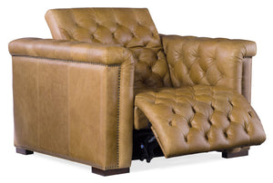 Hooker Furniture Savion Grandier Power Recliner In Giovanni Taupe Leather With Tufted Back, Nailhead Trim, Power Headrest Light Brown SS434-P1-086
