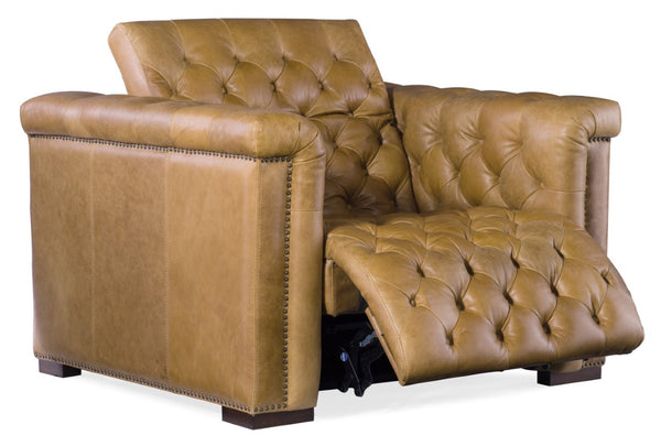 Hooker Furniture Savion Grandier Power Recliner In Giovanni Taupe Leather With Tufted Back, Nailhead Trim, Power Headrest Light Brown SS434-P1-086