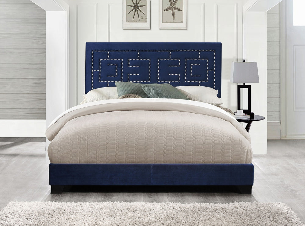 English Elm Dark Blue Luxurious Velvet Eastern King Panel Bed with Nailhead Trim, 6-Leg Support, Box Spring Required B062P208992