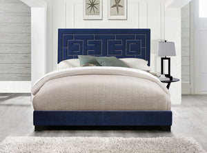English Elm Dark Blue Luxurious Velvet Eastern King Panel Bed with Nailhead Trim, 6-Leg Support, Box Spring Required B062P208992