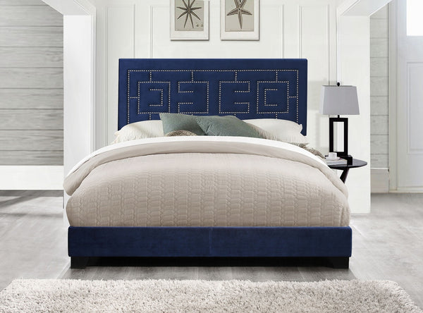 English Elm Dark Blue Luxurious Velvet Eastern King Panel Bed with Nailhead Trim, 6-Leg Support, Box Spring Required B062P208992