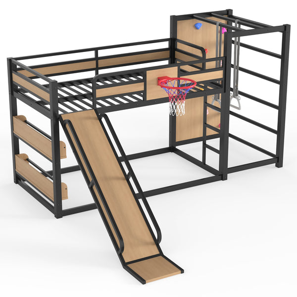 English Elm Twin Metal Loft Bed with Slide Basketball Hoop Climbing Wall and Built-in Shelves W1580S00631