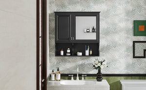 English Elm 30 30 Inch Mirror Medicine Cabinet with Half-Moon Design, Soft-Close Hinges, Open Shelf & Solid-Wood Frame Black N710P322812B