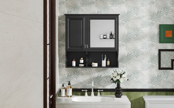 English Elm 30 30 Inch Mirror Medicine Cabinet with Half-Moon Design, Soft-Close Hinges, Open Shelf & Solid-Wood Frame Black N710P322812B