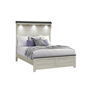 English Elm Augusta Solid Wood Full Bed with Lit Panel Headboard, Low Profile Sturdy Construction, Stylish Beige+Brown 60.83 L x 10.24 W x 49.41 H B201S00392
