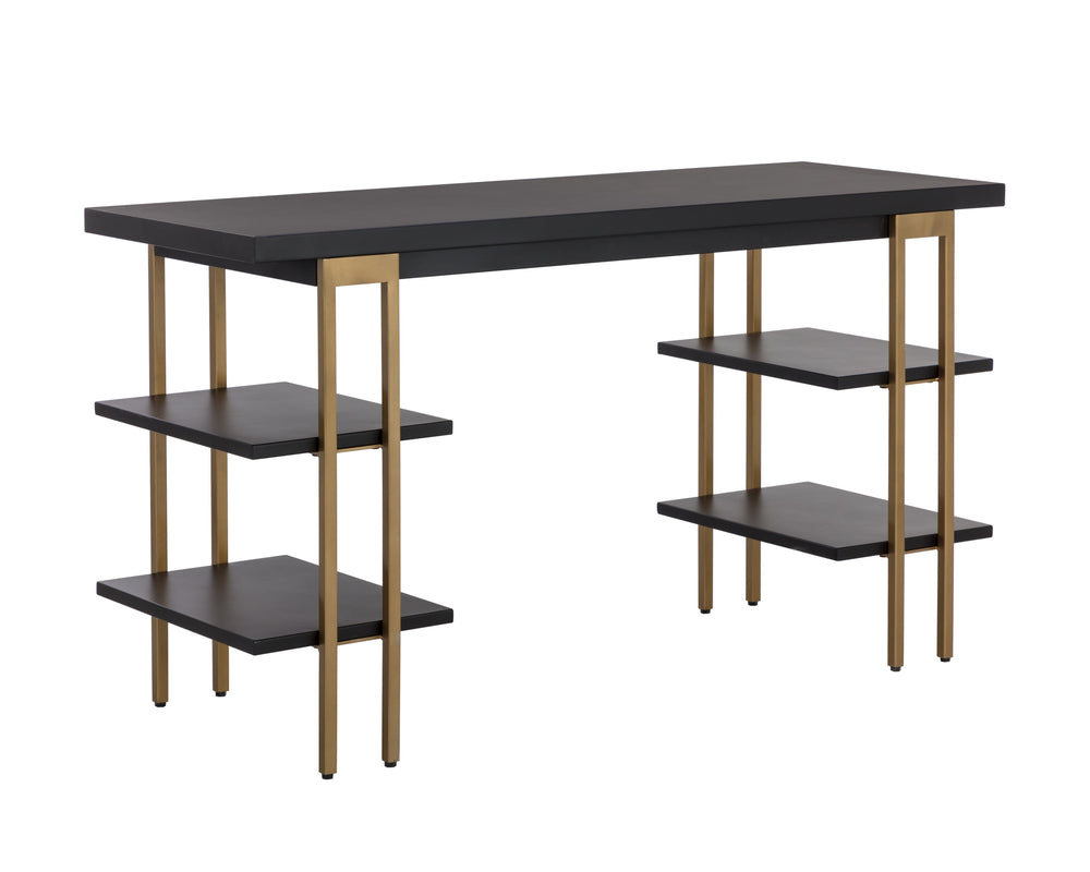 Sunpan Levigne Modern Geometric Desk with Black Iron Shelving & Antique Brass Legs – Chic Office Furniture