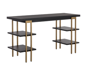 Sunpan Levigne Modern Geometric Desk with Black Iron Shelving & Antique Brass Legs – Chic Office Furniture