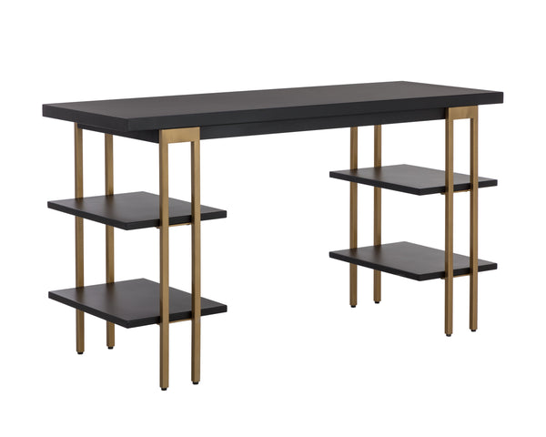 Sunpan Levigne Modern Geometric Desk with Black Iron Shelving & Antique Brass Legs – Chic Office Furniture