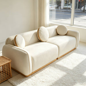 English Elm 90.94'' Three Seat Contemporary Curved Sofa with Round Accent Pillows for Modern Living Beige+White W2085S00093