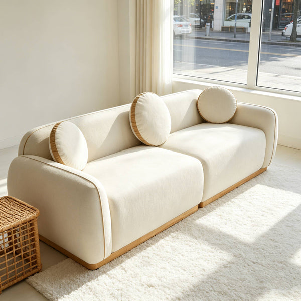 English Elm 90.94'' Three Seat Contemporary Curved Sofa with Round Accent Pillows for Modern Living Beige+White W2085S00093
