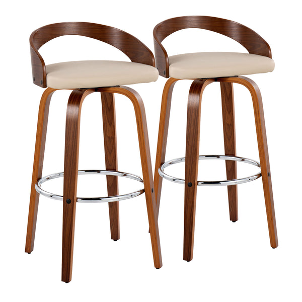 English Elm Grotto 30" Mid-Century Modern Barstool Set Of 2 In Walnut & Cream Faux Leather With Chrome Footrest B202S00598