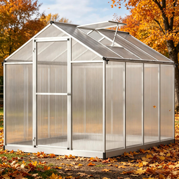 English Elm Winter Walk-in Polycarbonate Greenhouse Aluminum Frame with Roof Vent and Rain Gutter T3971S00231