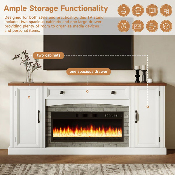 English Elm On-trend Farmhouse Electric Fireplace Console Walnut Veneer Media Cabinet for Living Room White N721S000069K