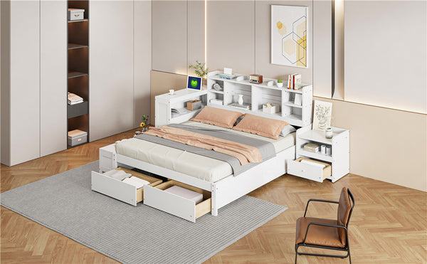 English Elm Full Size Wooden Platform Bed With Desk, Storage Drawers, Usb Ports, Nightstand & Modern Design N820S00029K