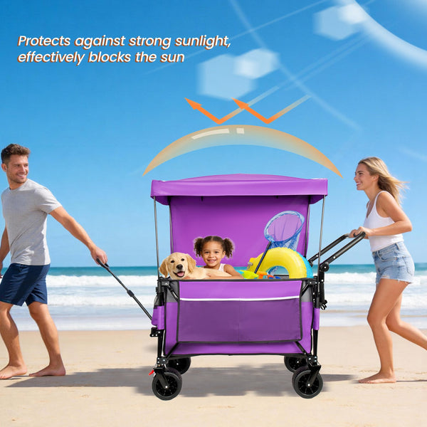 English Elm Multi-functional Heavy Duty Folding Wagon with Canopy Steel Frame All Terrain Wheels Purple W2932P417647