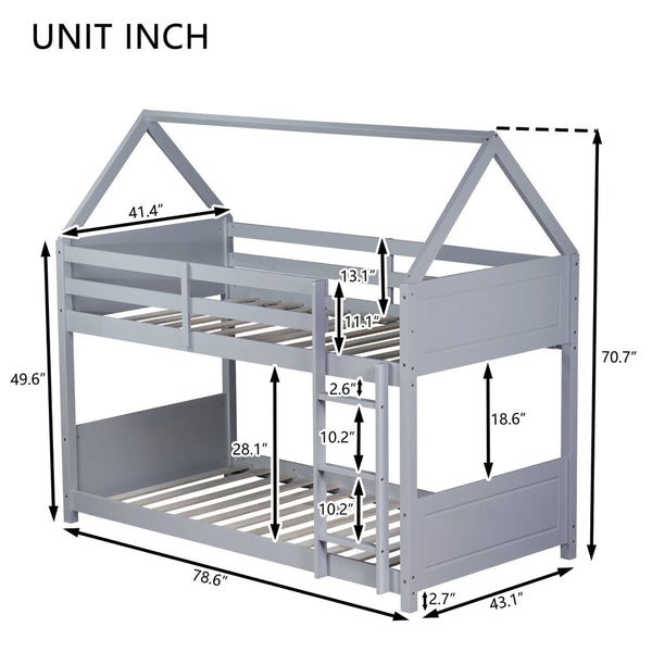 English Elm Twin House-Style Floor Bunk Bed With Safety Guardrails, Durable Rubberwood, And Fun Grey Finish W504P314947-GIGA