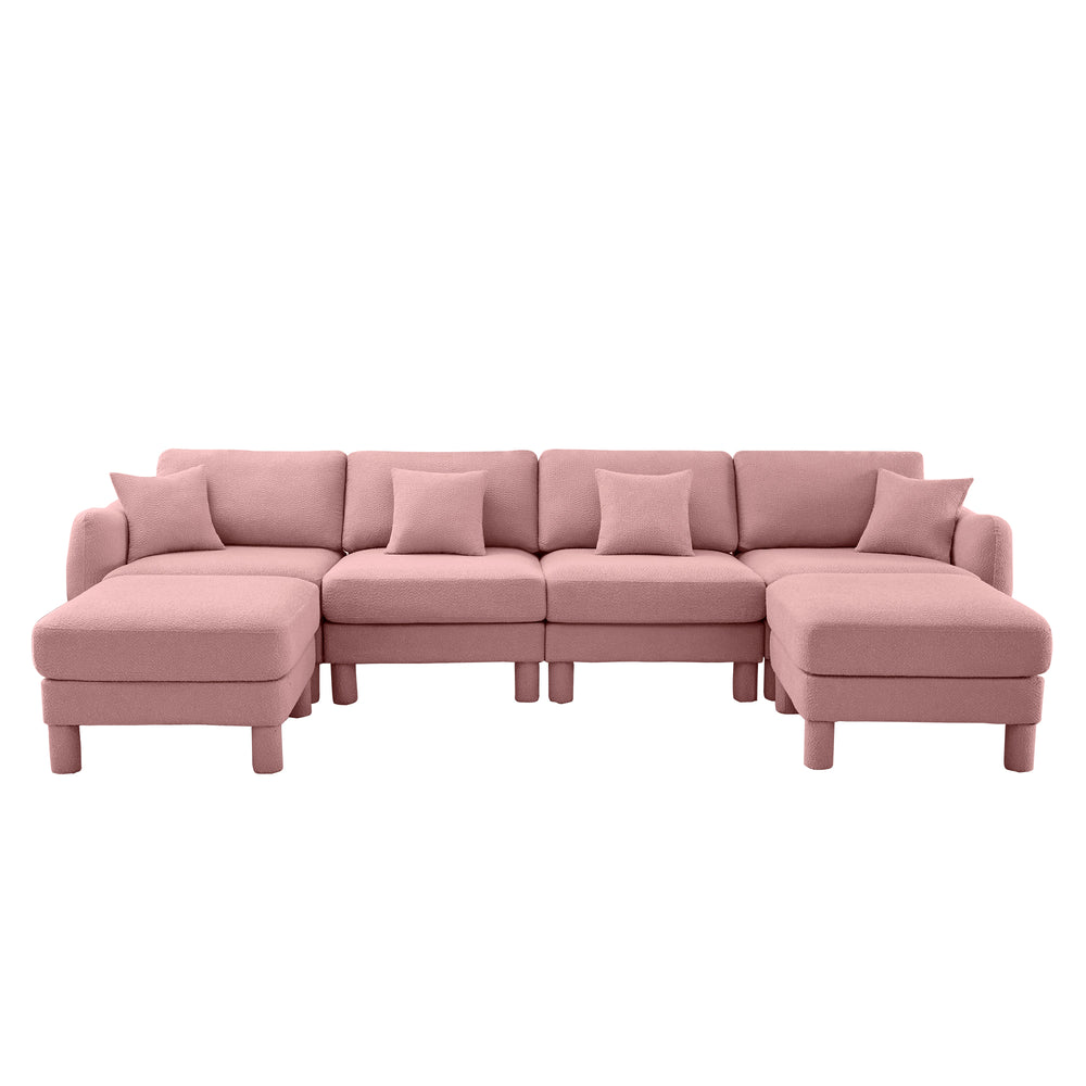 English Elm Boucle Chic U-Shape Sectional Sofa For 4 With Shell Armrests & Movable Ottomans In Stylish Pink W3041S00297