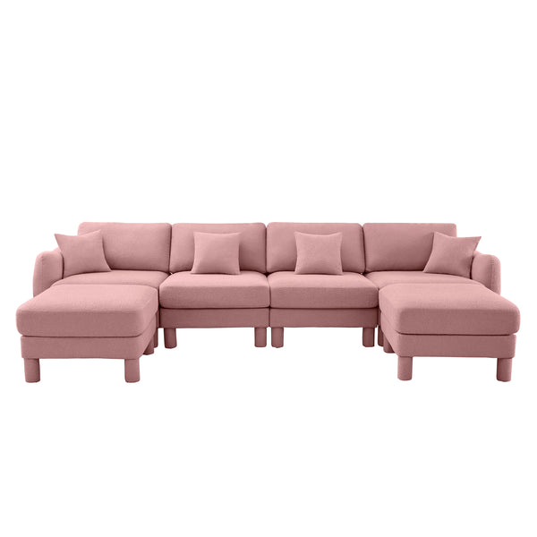 English Elm Boucle Chic U-Shape Sectional Sofa For 4 With Shell Armrests & Movable Ottomans In Stylish Pink W3041S00297