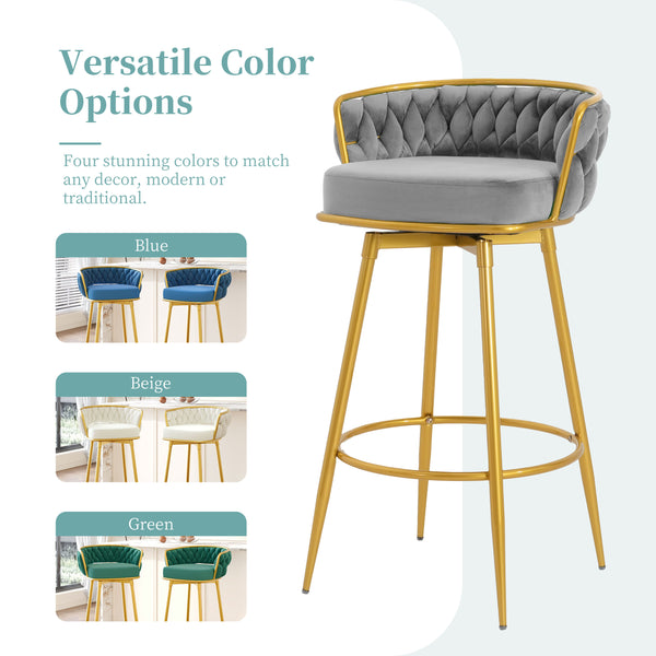 English Elm Christopher Knight Home® - Swivel Counter Height Bar Stools Set of 2 with 180° Turn, Hand-Woven Back, Gold Frame, Velvet Comfort Grey N762P216979E