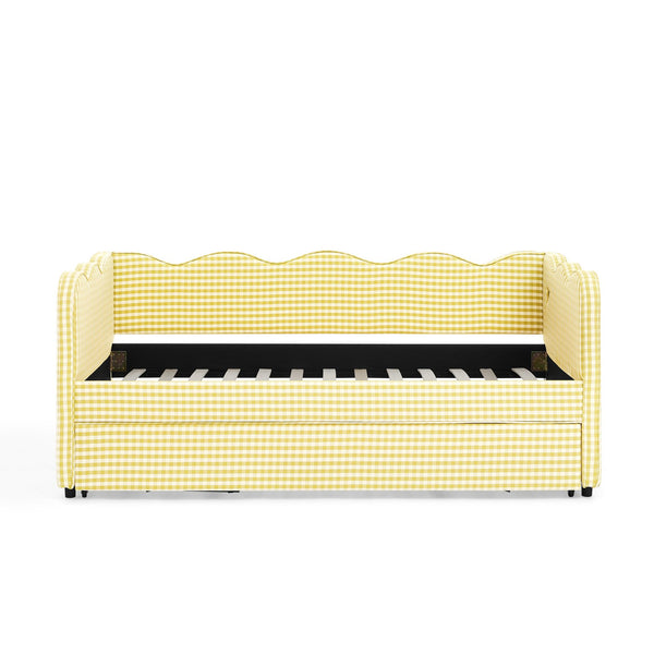 English Elm Cozy Gingham Linen Daybed with Pull Out Trundle Usb Port Wave Back Twin Sofa Yellow W1413S00121