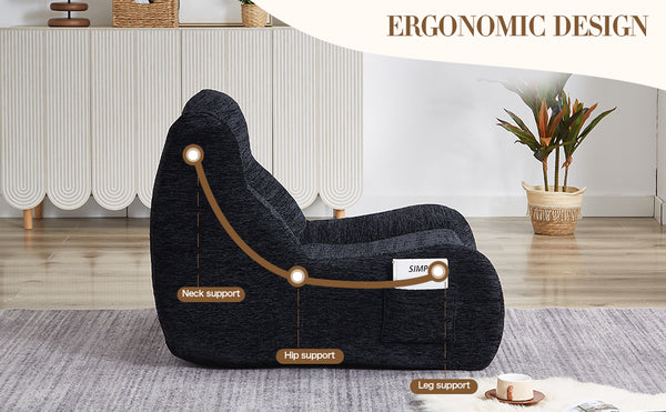 English Elm Bean Bean Bag Chair with Armrests Ergonomic Chenille Lounge Seat Filled with High-Resilience Sponge Black W3434P329809